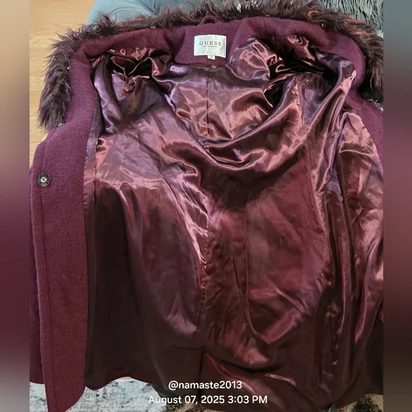 Guess Burgundy Purple Wool Blend Coat with Faux Mongolian Fur Trim Designer #679